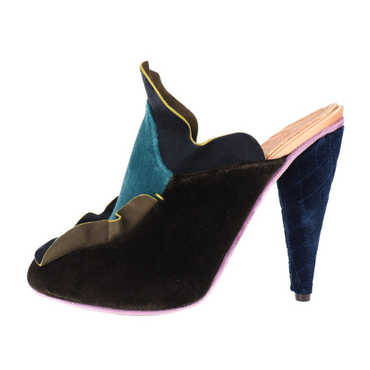 新品未使用展示品 FENDI フェンディ シューズ サンダル - 表記サイズ 36 1/2 ベルベット ブラック ブルー グリーン ミュール フリル 参考サイズ 23.5cm