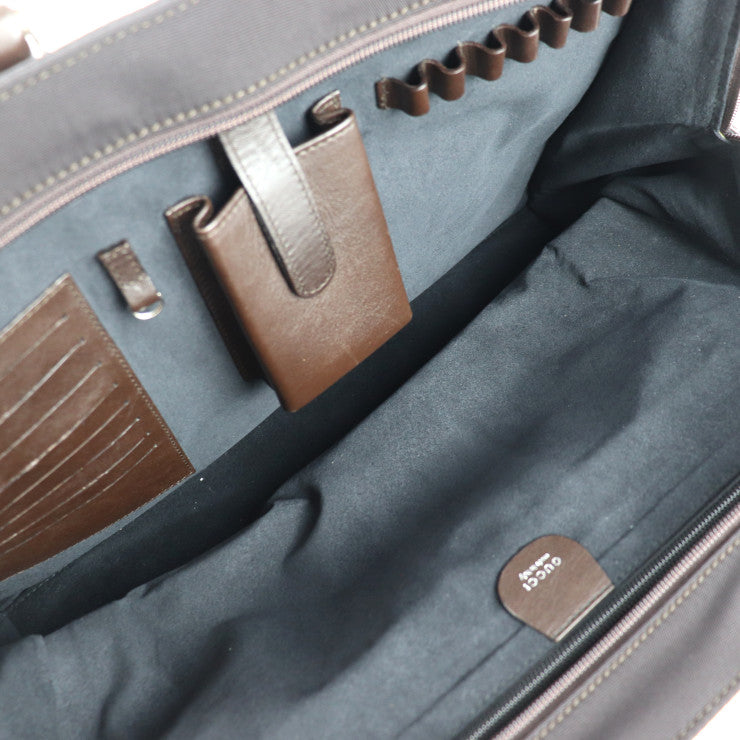 美品 GUCCI グッチ ブリーフケース ビジネスバッグ 015.1046.0093 レザー ナイロン ブラウン シルバー金具