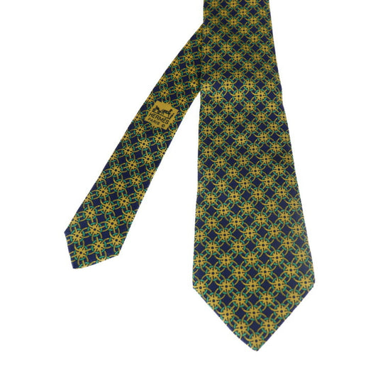 美品 HERMES エルメス ネクタイ ネクタイ 801 MA シルク ネイビー イエロー グリーン 総柄 メンズ アパレル 小物