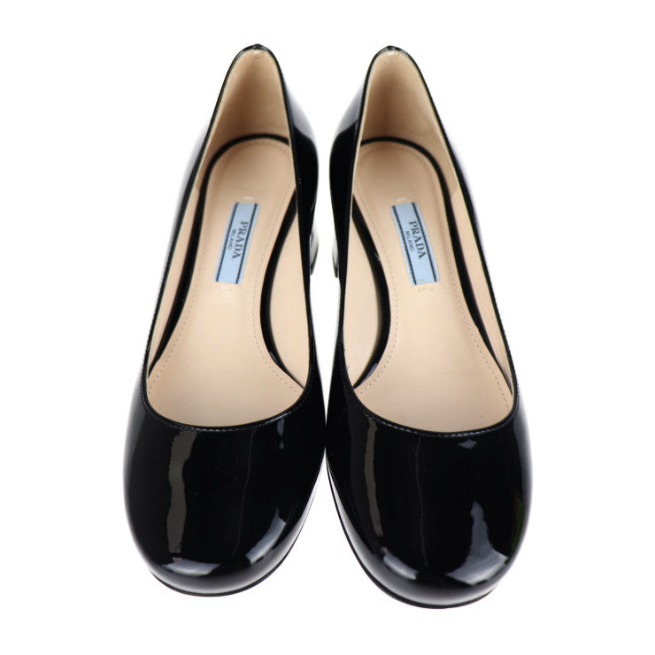 超美品 PRADA プラダ パンプス パンプス - 表記サイズ 34 1/2 エナメル ブラック チャンキーヒール 参考サイズ約21.5cm パテントレザー