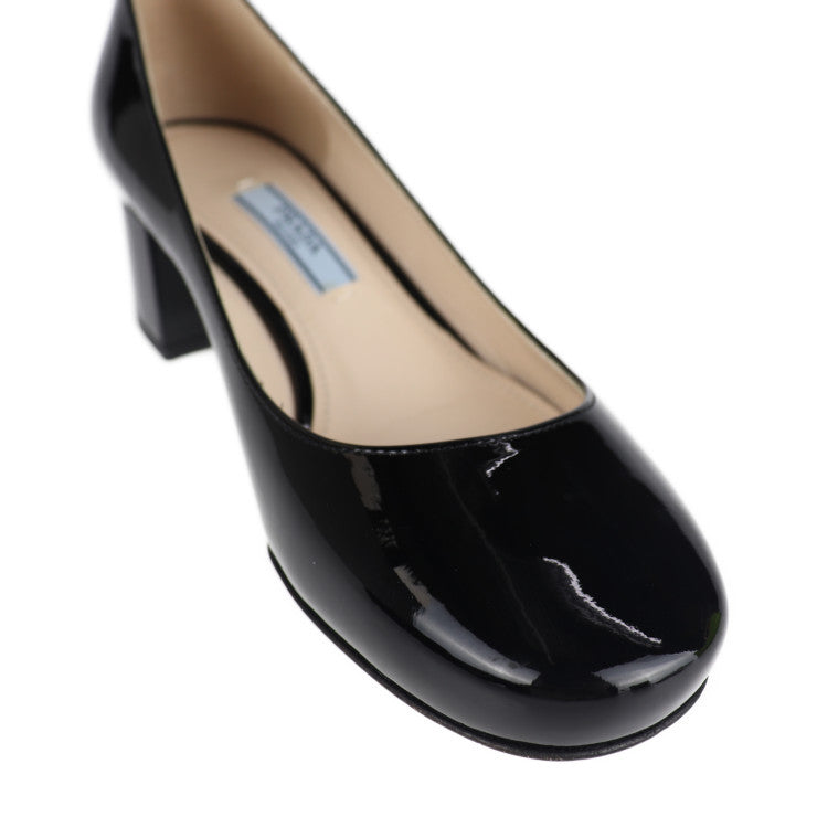 超美品 PRADA プラダ パンプス パンプス - 表記サイズ 34 1/2 エナメル ブラック チャンキーヒール 参考サイズ約21.5cm パテントレザー