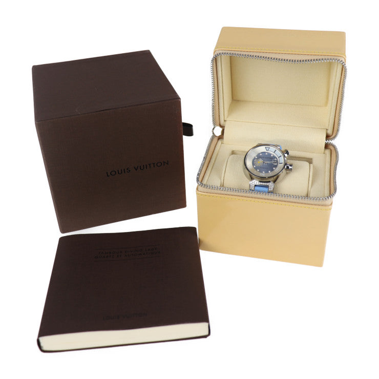 超美品 LOUIS VUITTON ルイ ヴィトン タンブール ダイビング オートマティック 腕時計 Q1330 ステンレススチール ダイヤモンド ラバー シルバー ブルーシェル文字盤 ブルー ビトン 自動巻き