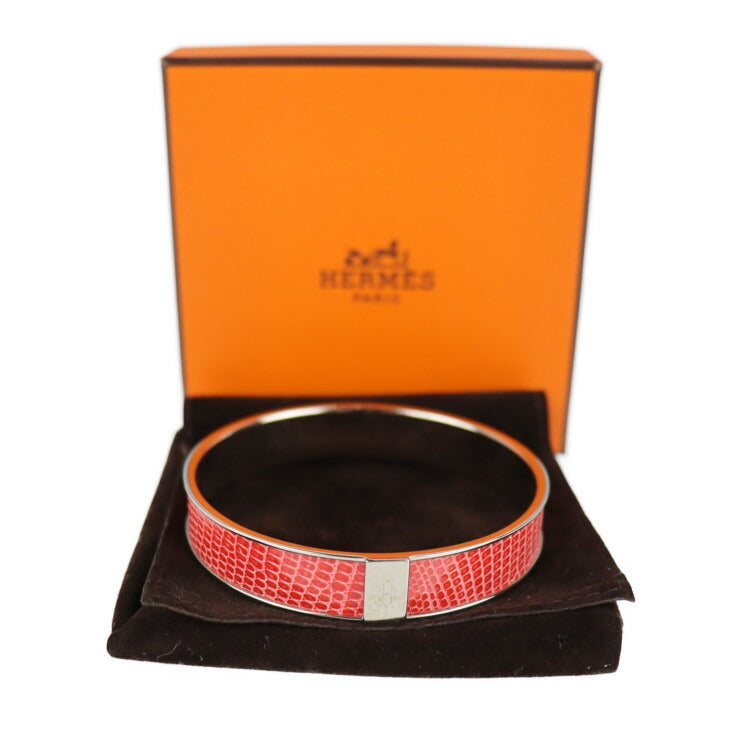 Very good condition HERMES Kawaii Bangle - Size S, Lizard, Metal, Pink Red, Silver