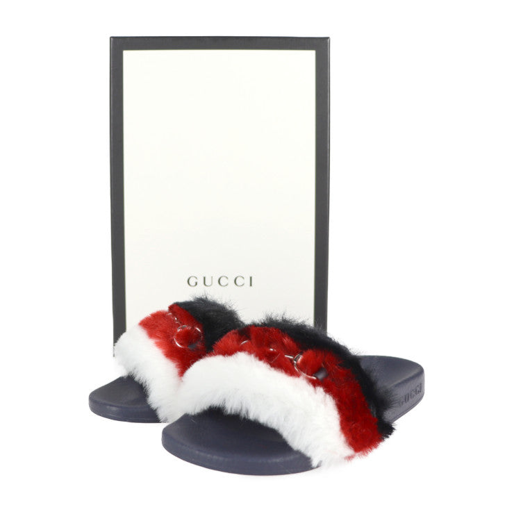 新品未使用展示品 GUCCI グッチ ホースビット サンダル 526176 #29 ラバー フェイクファー トリコロール ゴールド金具 子供用 参考サイズ18.5cm
