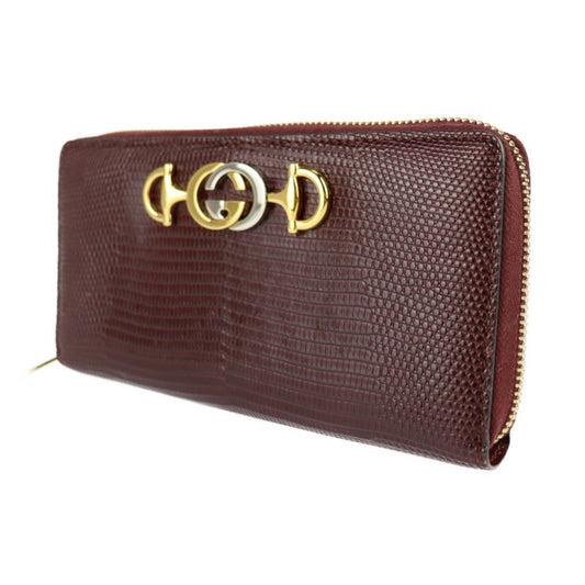 超美品 GUCCI グッチ ズゥミ 長財布 570661 リザード ボルドー レッド系 ロングウォレット ラウンドファスナー ジップアラウンド シルバー ゴールド金具
