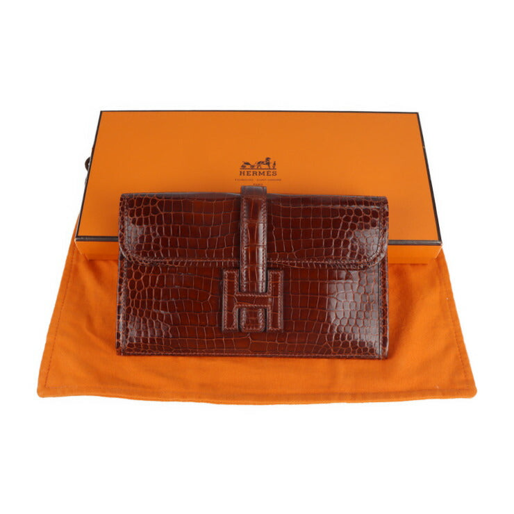 美品 HERMES エルメス ジジェ ミニ クラッチバッグ - ポロサス ミール ミエル ブラウン系 Hロゴ クロコダイル □I 刻印