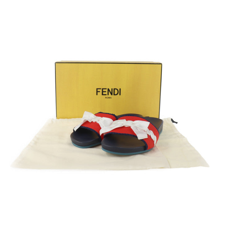 新品未使用展示品 FENDI フェンディ スライドサンダル サンダル #37 キャンバス レザー ラバー ネイビー レッド ホワイト フラット スリッパ リボン 参考サイズ 24.0cm