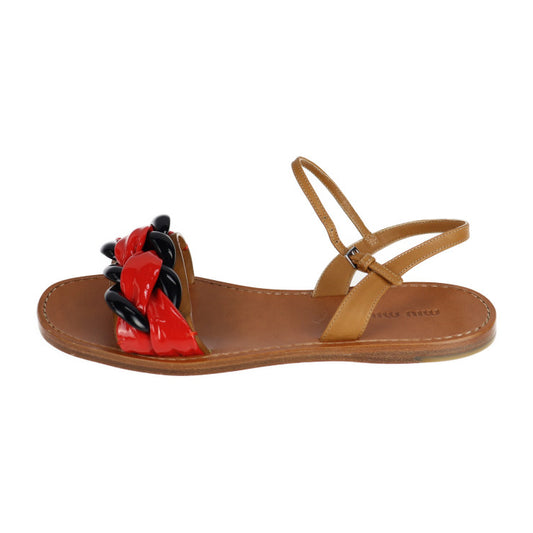 超美品 MIUMIU ミュウミュウ フラットサンダル サンダル 5X336A #36 1/2 レザー エナメル ブラウン レッド ブラック アンクルストラップ 参考23.5cm