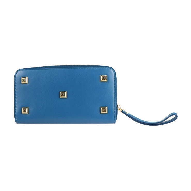 超美品 Salvatore Ferragamo サルヴァトーレ フェラガモ ガンチーニ 長財布 IY-22 D572 レザー ブルー系 ゴールド金具 ラウンドファスナー スタッズ リストレット