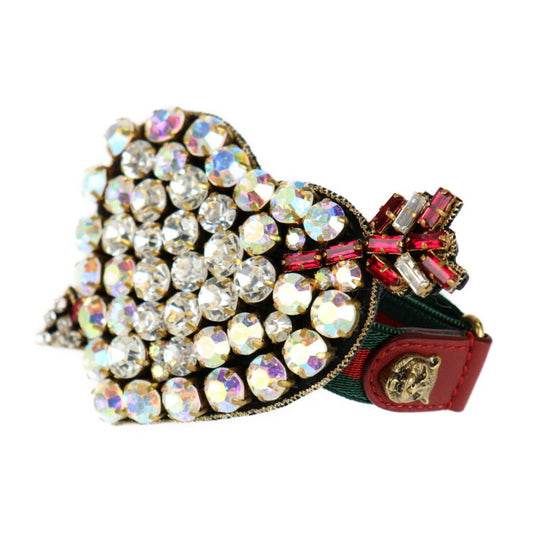 美品 GUCCI グッチ ピアスドハート ビジュー キャット シェリーライン ウェブグログラン ブレスレット 493011 ラインストーン レザー ゴム マルチカラー ゴムバンド ジュエリー 赤 緑 クリア ゴールド金具 ロゴ