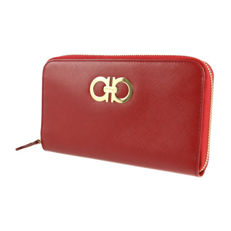 超美品 Salvatore Ferragamo サルヴァトーレ フェラガモ ガンチーニ 長財布 22 B300 レザー ROSSO レッド系 ゴールド金具 ラウンドファスナー