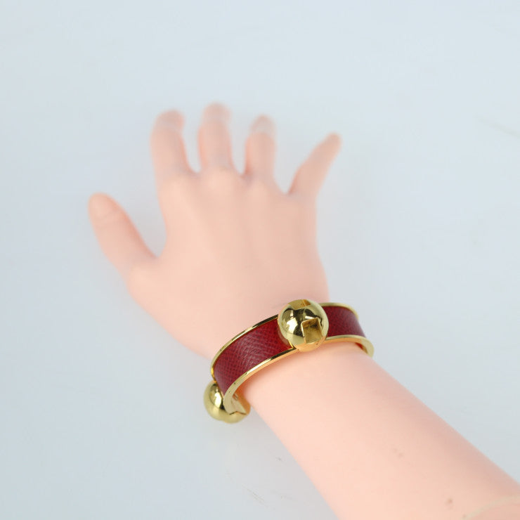 HERMES エルメス アクセサリー バングル - メタル レザー ゴールド レッド Cバングル カフブレスレット