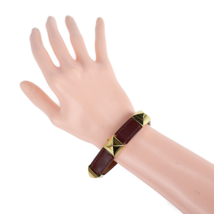 美品 HERMES エルメス メドール ブレスレット レザー レッド ゴールド金具 〇V刻印 ゴールド金具 ヴィンテージ スタッズ