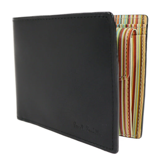 超美品 Paul Smith ポールスミス INSIDE MULTI EMBOSS WALLET インサイド マルチ エンボス 二つ折り財布 P074 カーフレザー ブラック マルチカラー コンパクトウォレット ストライプ