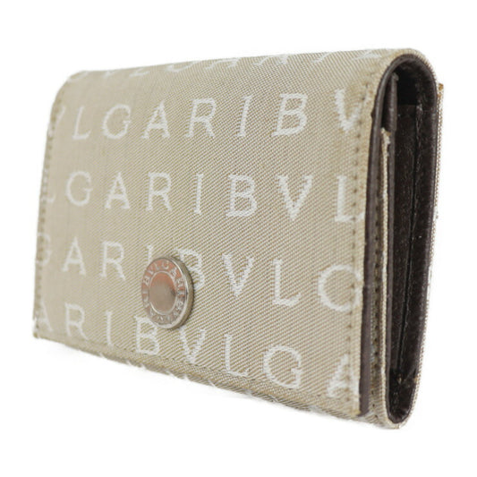 超美品 BVLGARI ブルガリ 名刺入れ カードケース 26549 キャンバス ピッグスキン ベージュ チョコレート ロゴマニア 二つ折り