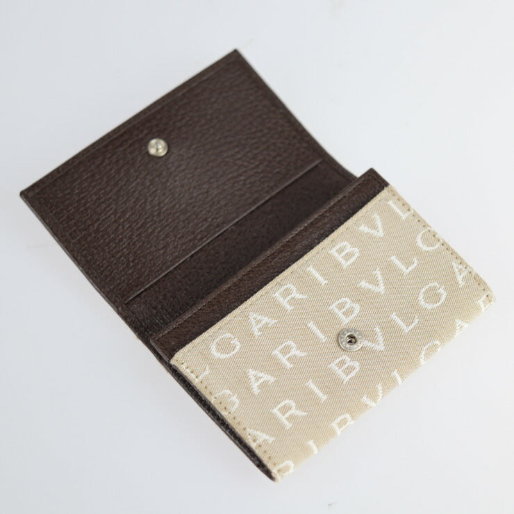 Very good condition BVLGARI business card holder, card case 26549, canvas, pigskin, beige, chocolate, logomania, bi-fold