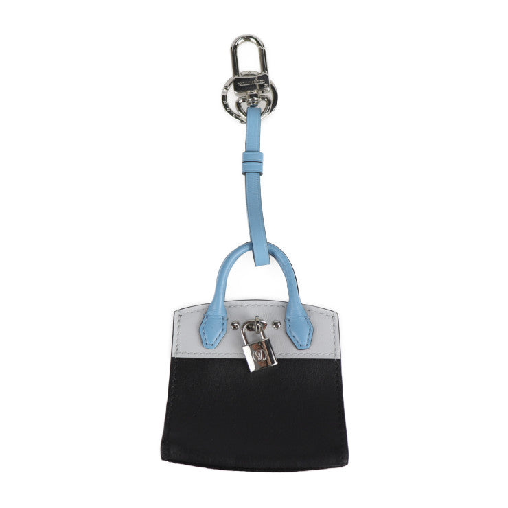 超美品 LOUIS VUITTON ルイ ヴィトン シティ スティーマ キーホルダー MP1786 レザー ブラック ライトブルー系 シルバー金具 バッグチャーム キーリング ビトン