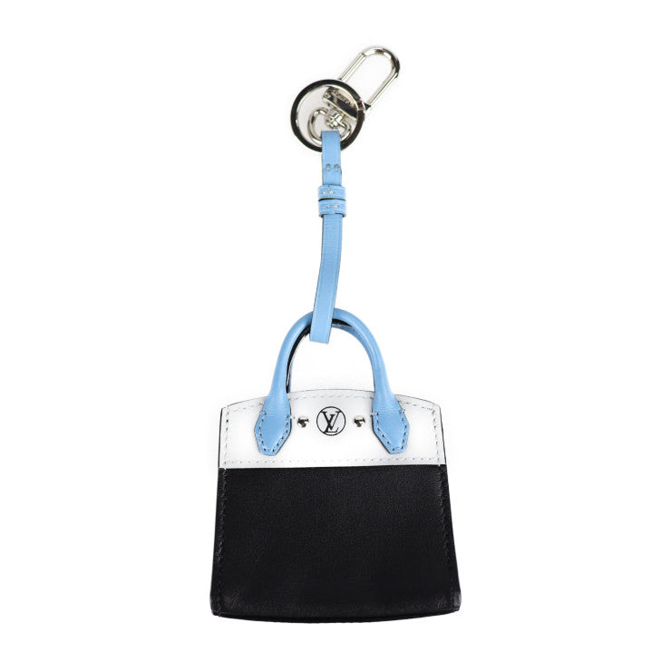 超美品 LOUIS VUITTON ルイ ヴィトン シティ スティーマ キーホルダー MP1786 レザー ブラック ライトブルー系 シルバー金具 バッグチャーム キーリング ビトン