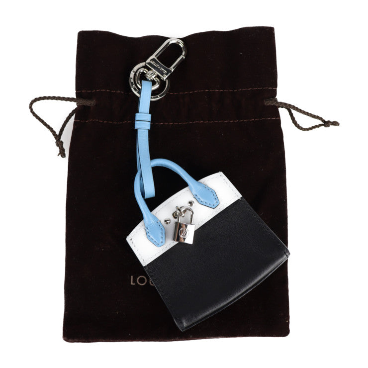 超美品 LOUIS VUITTON ルイ ヴィトン シティ スティーマ キーホルダー MP1786 レザー ブラック ライトブルー系 シルバー金具 バッグチャーム キーリング ビトン