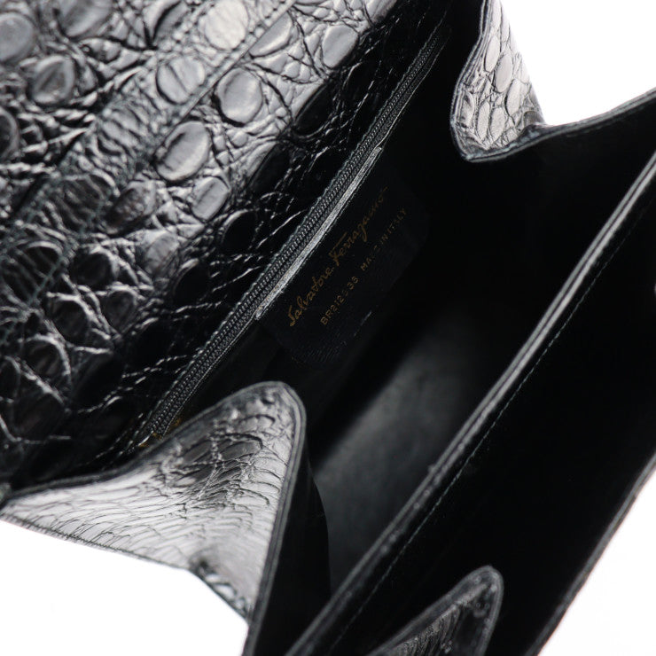 Salvatore Ferragamo サルヴァトーレ フェラガモ ガンチーニ ハンドバッグ BR212638 クロコ型押し レザー ブラック ゴールド金具 2WAY ショルダーバッグ