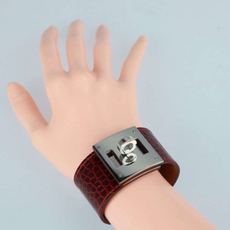 超美品 HERMES エルメス ケリー ドッグ ブレスレット - アリゲーター レッド系 シルバー金具 X刻印 エキゾチックレザー クロコ ワニ