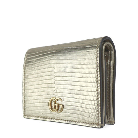 美品 GUCCI グッチ コンパクトウォレット GGマーモント 二つ折り財布 456126 EYZAG リザード レザー ゴールド