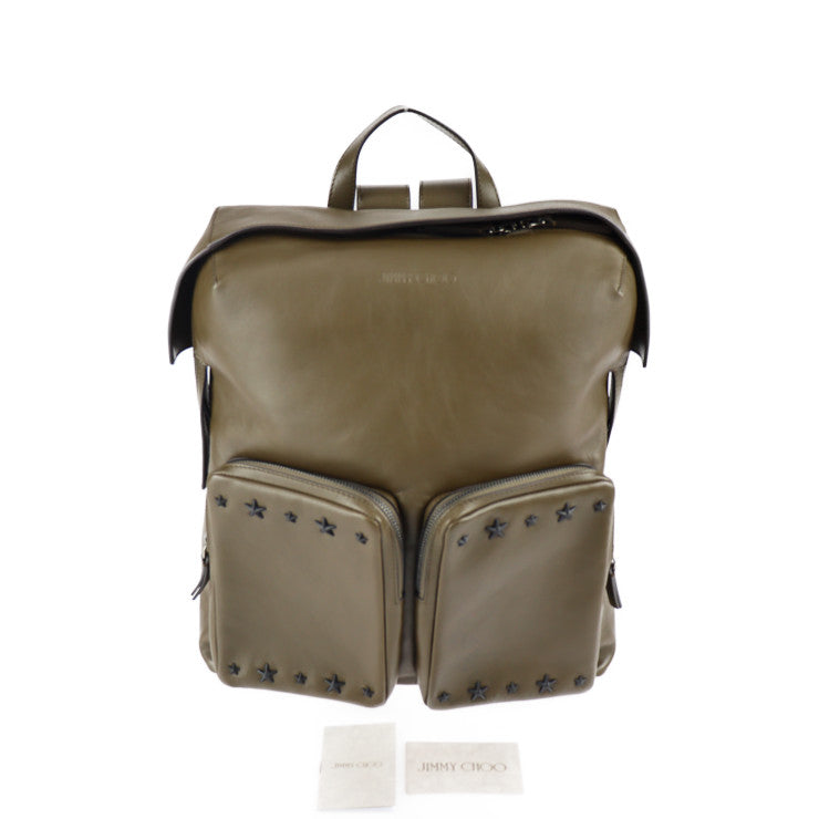 美品 JIMMY CHOO ジミーチュウ LENNOX レノックス リュック・デイパック レザー オリーブ系 シルバー金具 バックパック スタースタッズ