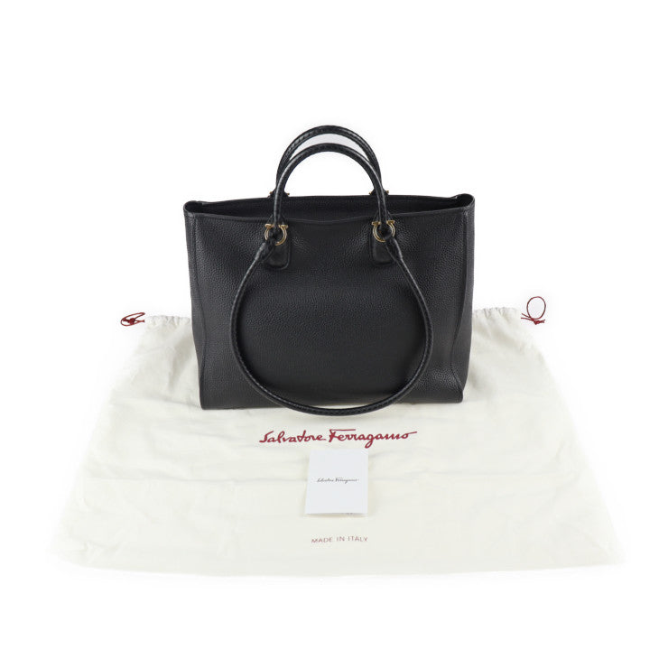 美品 Salvatore Ferragamo サルヴァトーレ フェラガモ GANCIO TOTE ガンチーニ トートバッグ 21 0914 レザー ブラック ゴールド金具 2WAY ショルダーバッグ