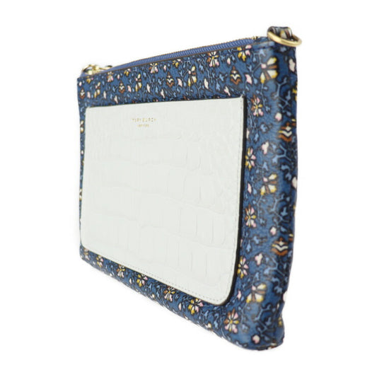 超美品 Tory Burch トリーバーチ カラーブロック タッセル クロスボディ ショルダーバッグ - レザー BLUE WILD PANSY ブルー系マルチカラー ゴールド金具 2WAY クラッチバッグ ポーチ 花柄 フラワープリント クロコ型押し