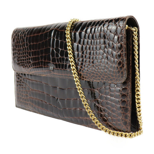 LOEWE ロエベ バッグ ショルダーバッグ - クロコダイル ブラウン ゴールド金具 2WAY クラッチバッグ チェーンショルダー