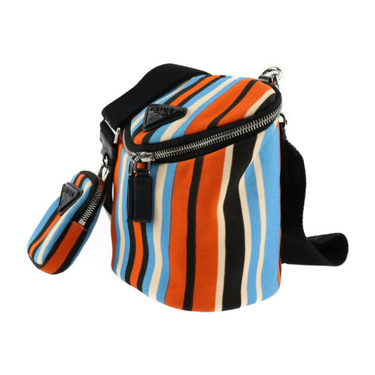 美品 PRADA プラダ トライアングルロゴ ショルダーバッグ 2VH147 キャンバス レザー オレンジ×ブルー×アイボリー×ブラック シルバー金具 ポーチ付き ポシェット ストライプ 三角ロゴプレート