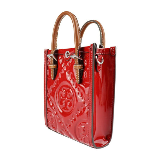 超美品 Tory Burch トリーバーチ 2WAY ミニ トート ハンドバッグ - パテントレザー レッド系 ブラウン シルバー金具 ショルダーバッグ Tモノグラム