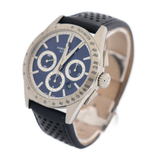 美品 HAMILTON ハミルトン パフォーマー オートクロノ ジャズマスター 腕時計 H36616640 ステンレススチール レザー シルバー ネイビー デイト 裏スケ 自動巻き