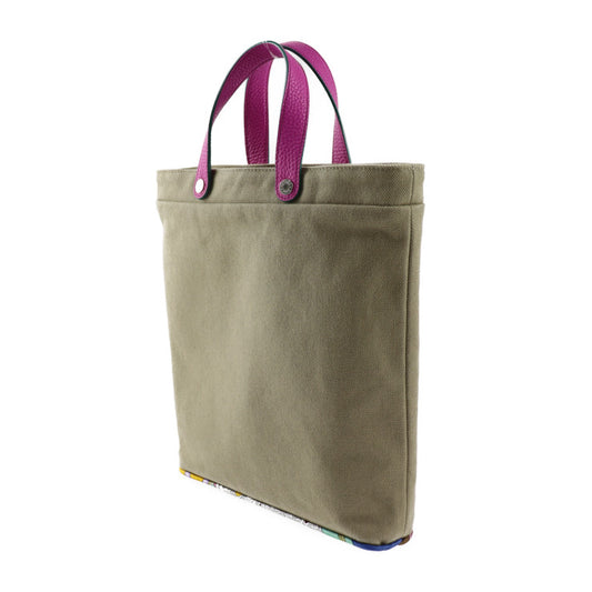 超美品 HERMES エルメス petit h プティアッシュ トートバッグ - コットンキャンバス レザー シルク カーキ系 ピンクパープル系 ハンドバッグ