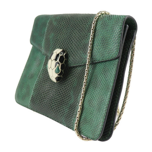美品 BVLGARI ブルガリ セルペンティ ショルダーバッグ - レザー グリーン系 ゴールド金具 リザード型押し スネークヘッド チェーンショルダー ポシェット