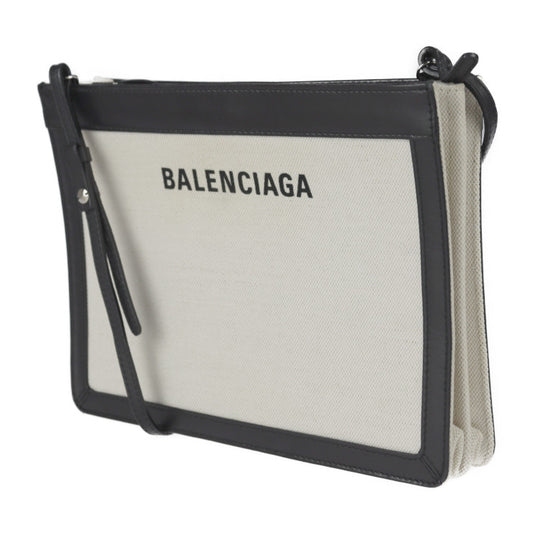 美品 BALENCIAGA バレンシアガ ネイビーポシェット ショルダーバッグ 339937 キャンバス レザー ナチュラル ブラック 2WAY セカンドバッグ
