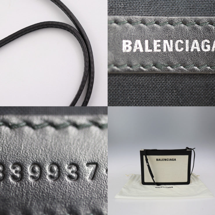 美品 BALENCIAGA バレンシアガ ネイビーポシェット ショルダーバッグ 339937 キャンバス レザー ナチュラル ブラック 2WAY セカンドバッグ