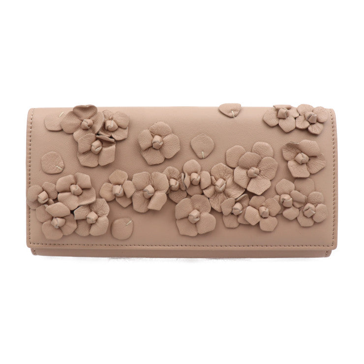 超美品 Valentino Garavani ヴァレンティノ ガラヴァーニ フラップ ウォレット 長財布 AWP00798 レザー ベージュ系 花 フラワーモチーフ