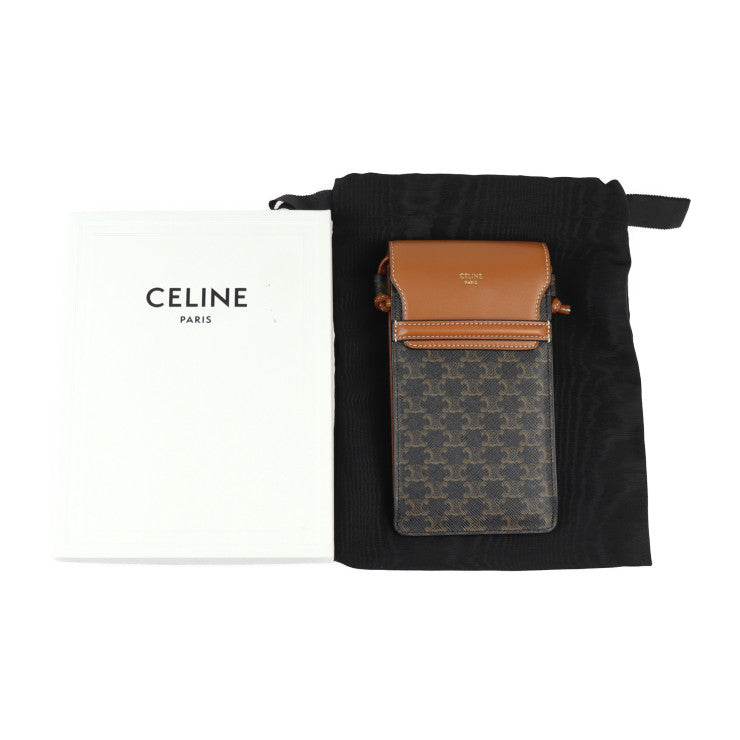 超美品 CELINE セリーヌ フォーンケース トリオンフ ショルダーバッグ 10G332CQD.04LU PVC レザー ブラウン モバイルポーチ ポシェット