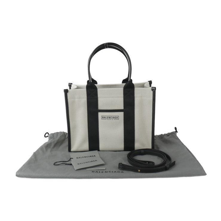 新古未使用展示品 BALENCIAGA バレンシアガ ハードウェア スモールトート ハンドバッグ 671402 キャンバス カーフレザー ナチュラル ブラック ゴールド金具 2WAY ショルダーバッグ