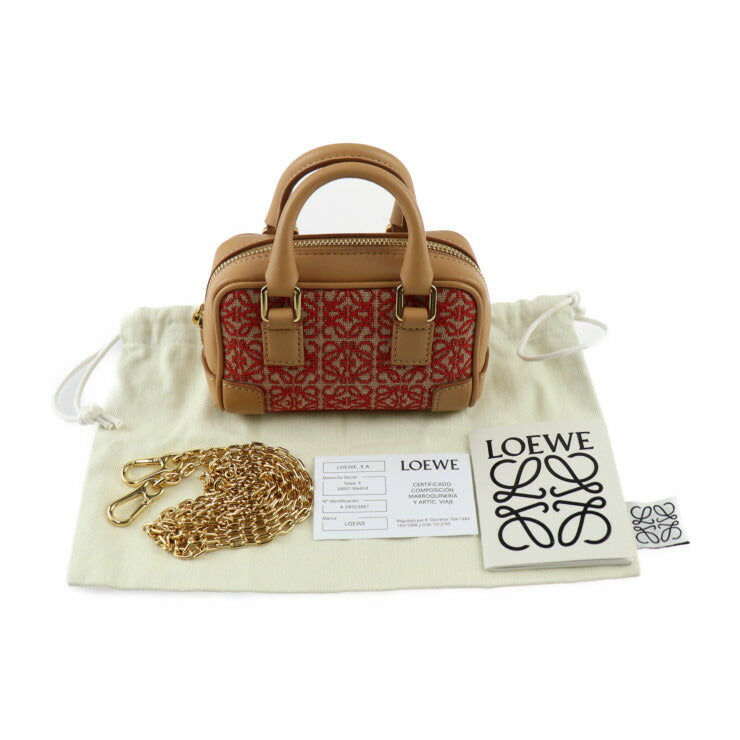 超美品 LOEWE ロエベ アマソナ ナノ ハンドバッグ A039U96X02 キャンバス カーフレザー レッド系 ライトブラウン系 ゴールド金具 2WAY チェーン ショルダーバッグ ポシェット ポーチ