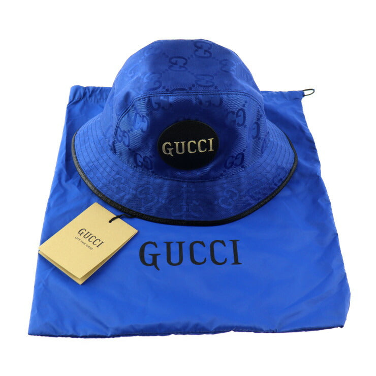 新品未使用展示品 GUCCI グッチ バケットハット オフ ザ グリッド ハット 627115 表記サイズ M GGナイロン×レザー ブルー ブラック 帽子