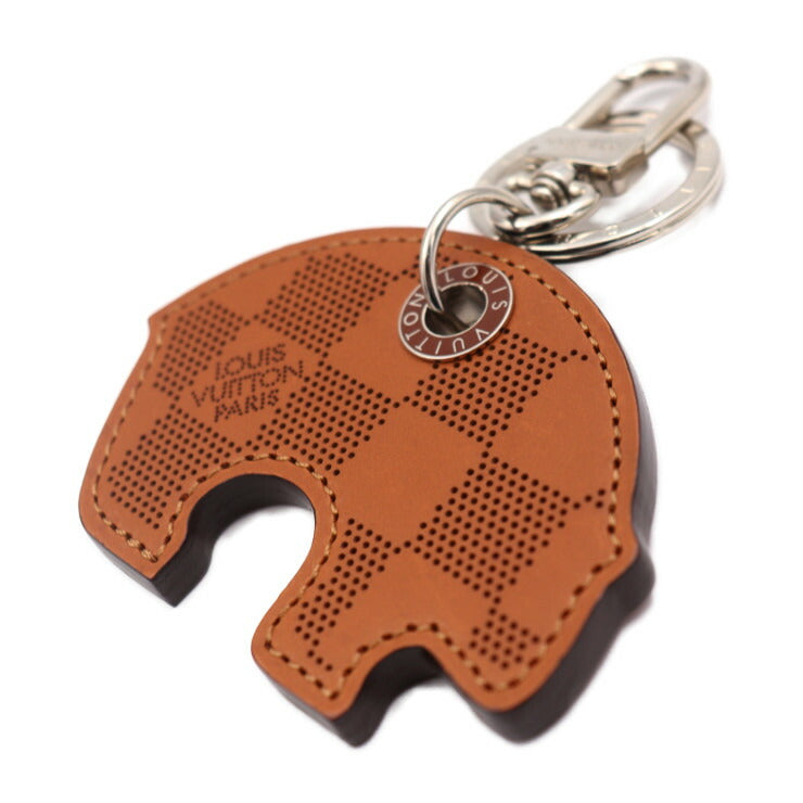 美品 LOUIS VUITTON ルイ ヴィトン サマーメロディ ダミエ パンチング キーホルダー MP1320 カウハイドレザー ブラウン系 シルバー金具 キーリング バッグチャーム 熊 ベアー ビトン