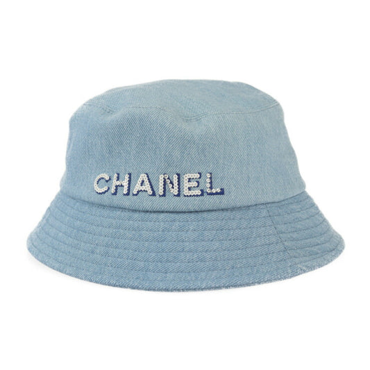 美品 CHANEL シャネル バケットハット ハット - 表記サイズ M コットンデニム ライトブルー 帽子 ロゴ スパンコール 刺繍