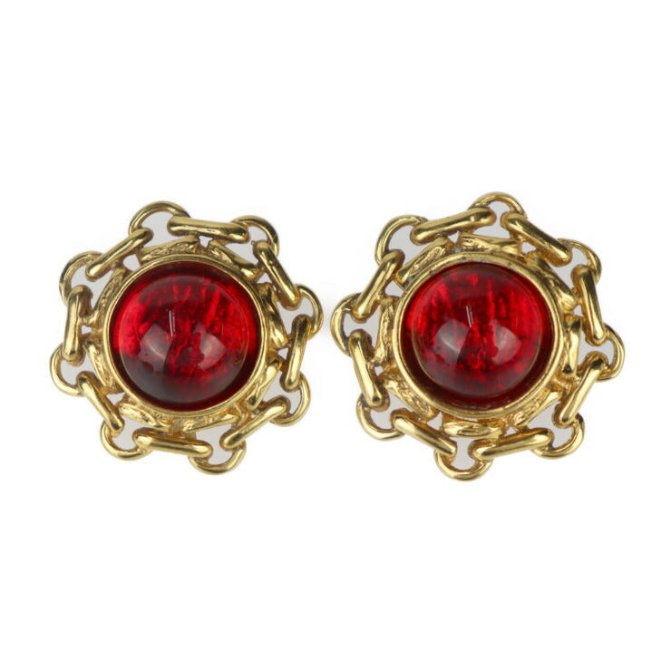 Beautiful CHANEL Gripoa Round Earrings - Metal Bijou Gold Red Earrings Clip-on Vintage