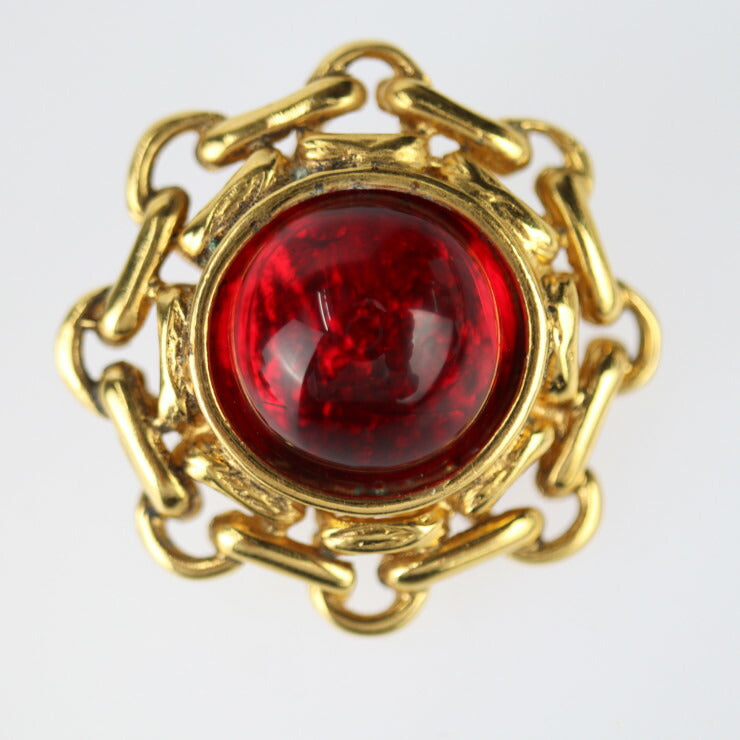 Beautiful CHANEL Gripoa Round Earrings - Metal Bijou Gold Red Earrings Clip-on Vintage