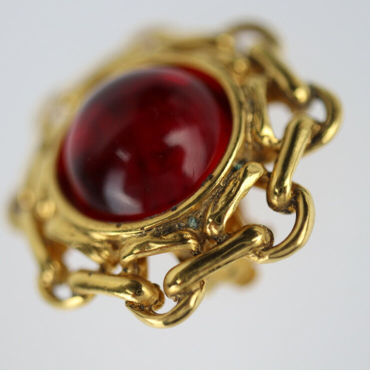 Beautiful CHANEL Gripoa Round Earrings - Metal Bijou Gold Red Earrings Clip-on Vintage