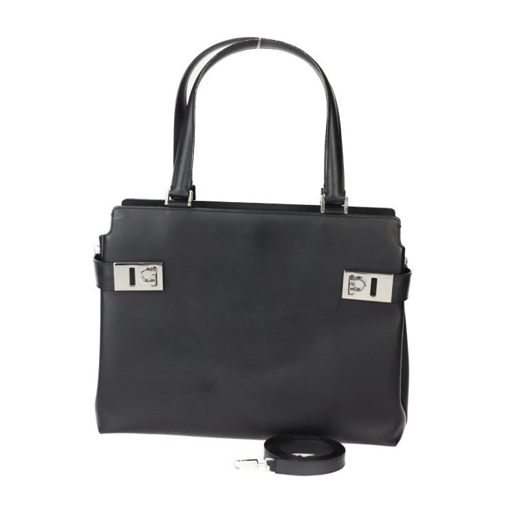 美品 Salvatore Ferragamo サルヴァトーレ フェラガモ ガンチーニ ハンドバッグ 21 0166 カーフレザー ブラック シルバー金具 2WAY ショルダーバッグ トートバッグ