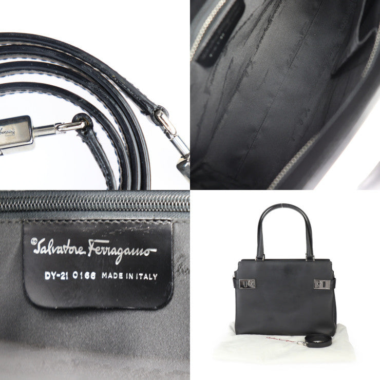 美品 Salvatore Ferragamo サルヴァトーレ フェラガモ ガンチーニ ハンドバッグ 21 0166 カーフレザー ブラック シルバー金具 2WAY ショルダーバッグ トートバッグ