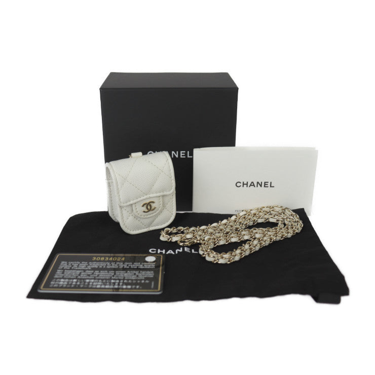 超美品 CHANEL シャネル Airpodsケース 第二世代専用 マトラッセ その他小物 AP1647 キャビアスキン ホワイト ゴールド金具 チェーン ネックストラップ イヤホンケース ホルダー ココマーク